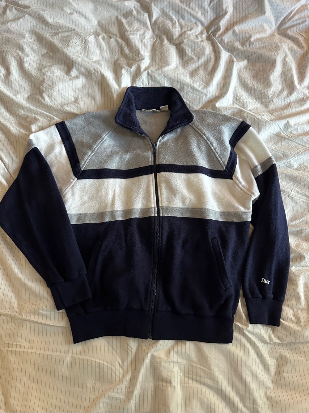 Vtg Christian Dior Monsieur - Navy, White & Gray Zip-Up Sweater Jacket - XL